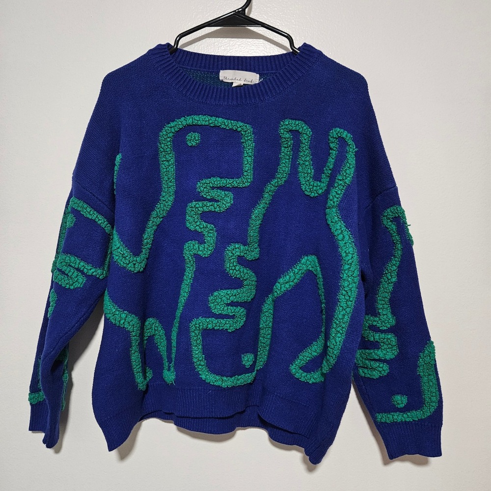 Threaded Leaf Womens Blue Green Abstract Textured Graphic Knit Sweater Large